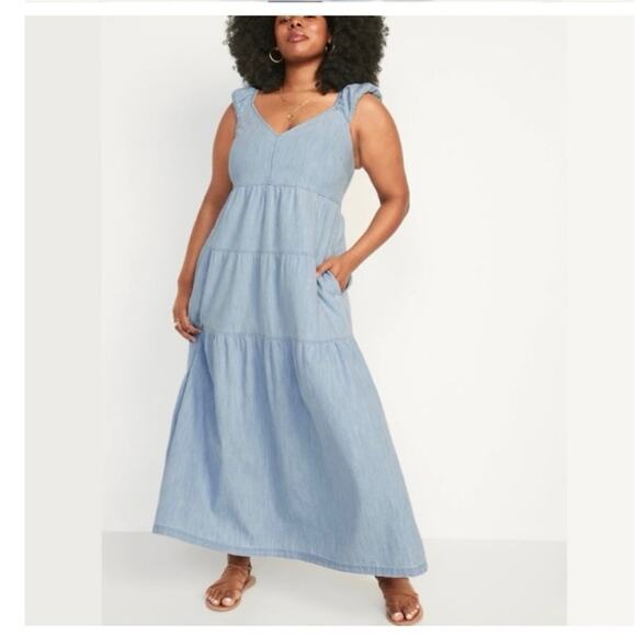 OLD‎ NAVY FIT & FLARE MAXI DRESS COTTON CHAMBRAY TIERED LIGHT WASH BLUE - Picture 2 of 12